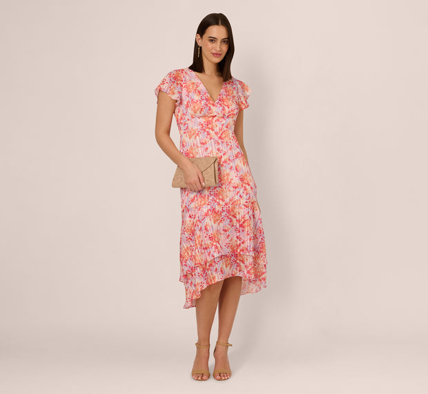 aidan mattox Flutter Sleeve Floral Stripe Flounce Midi Dress In Peri Coral Multi