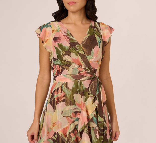 Aidan Mattox Flutter Sleeve High Low Midi Wrap Dress In Brown Multi