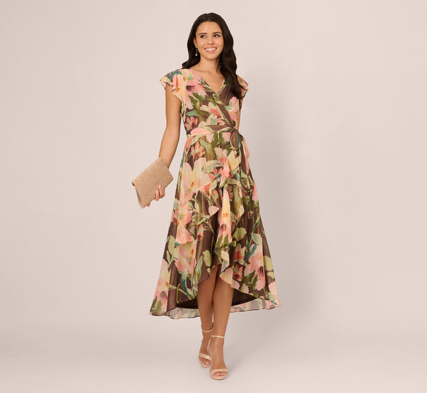 aidan mattox Flutter Sleeve High Low Midi Wrap Dress In Brown Multi