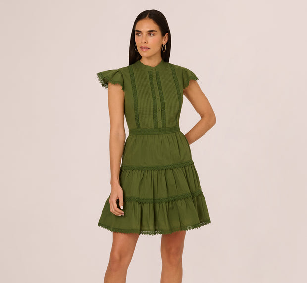 Aidan Mattox Flutter Sleeve Lace Short Cotton Dress In Olive Green