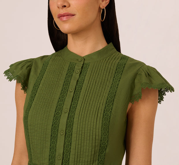 Aidan Mattox Flutter Sleeve Lace Short Cotton Dress In Olive Green