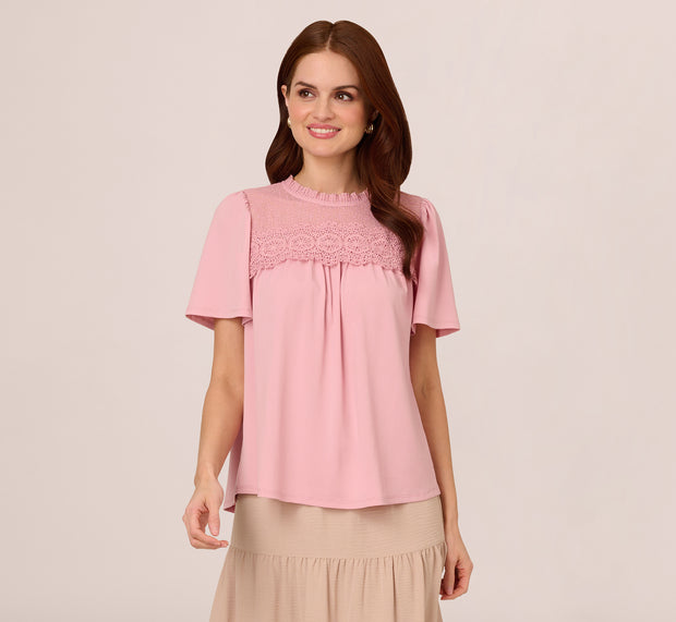 Aidan Mattox Flutter Sleeve Lace Yoke Trapeze Top In Pink Nectar