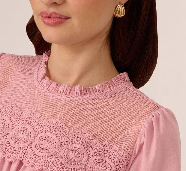 Aidan Mattox Flutter Sleeve Lace Yoke Trapeze Top In Pink Nectar