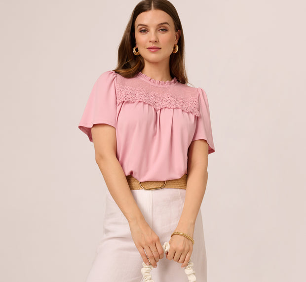 aidan mattox Flutter Sleeve Lace Yoke Trapeze Top In Pink Nectar