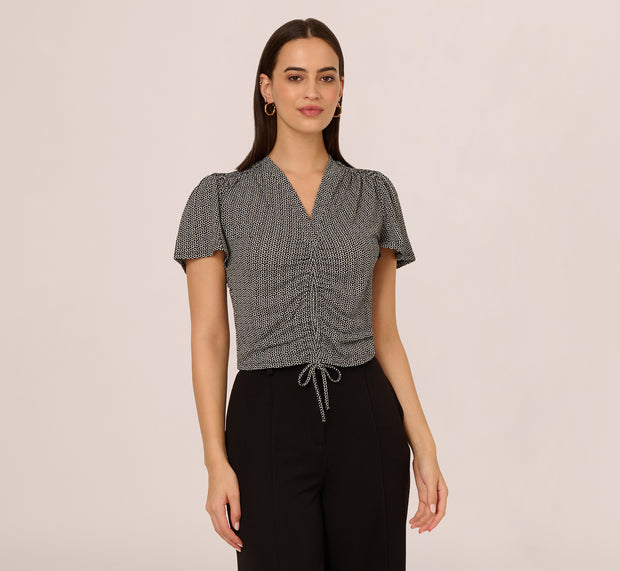 Aidan Mattox Flutter Sleeve Ruched Front Printed Top In Black Cloud Carnation
