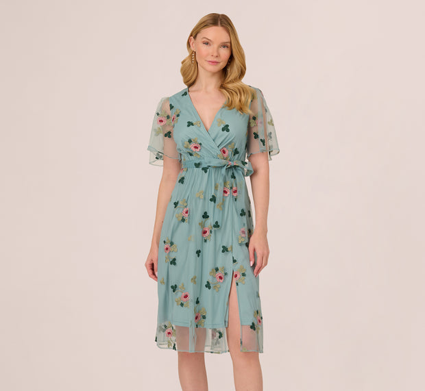 Aidan Mattox Flutter Sleeve Surplice Embroidered Midi Dress In Slate Multi