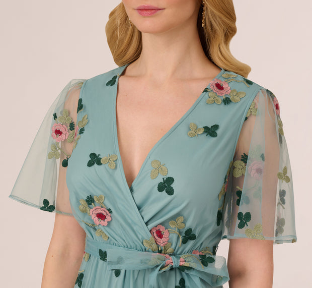 Aidan Mattox Flutter Sleeve Surplice Embroidered Midi Dress In Slate Multi