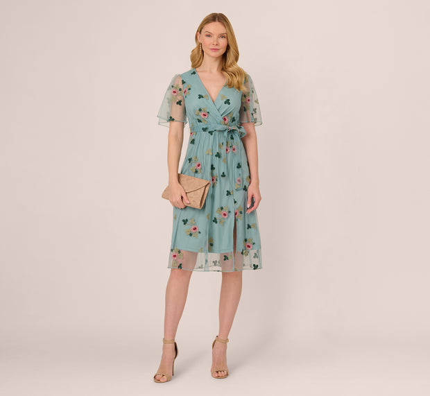 aidan mattox Flutter Sleeve Surplice Embroidered Midi Dress In Slate Multi