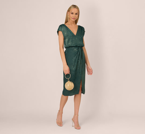 aidan mattox Foil Blouson Midi Dress With Faux Wrap Skirt In Dark Ivy