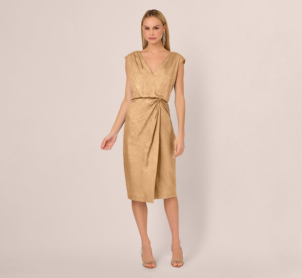 Aidan Mattox Foil Blouson Midi Dress With Faux Wrap Skirt In Light Gold