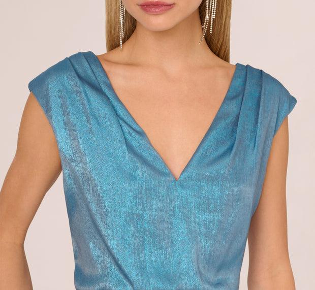 Aidan Mattox Foil Blouson Midi Dress With Faux Wrap Skirt In Ocean Dream
