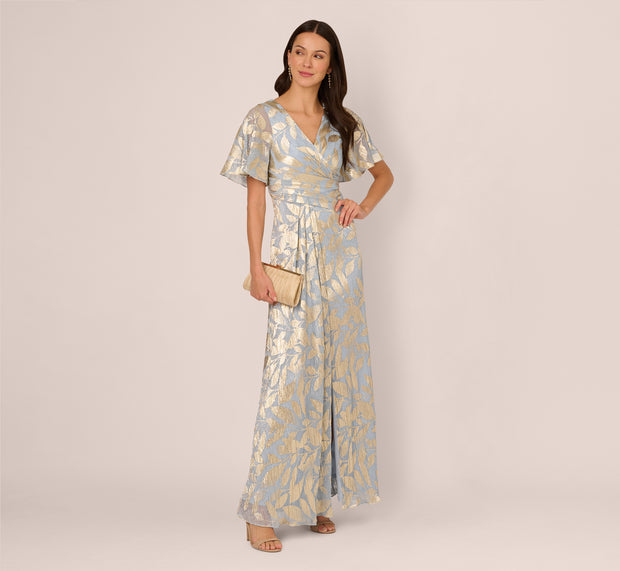 aidan mattox Foil Leaf Short Sleeve Gown With Draped Details In Light Blue Gold