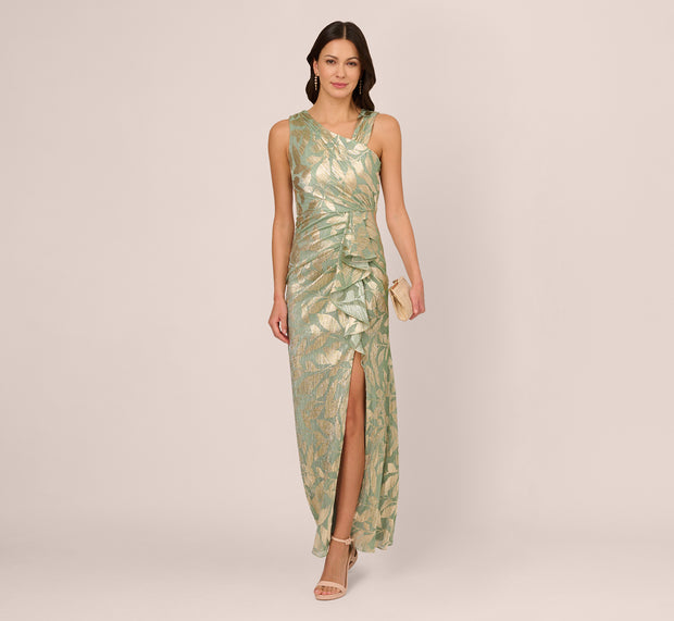 Aidan Mattox Foil Printed Asymmetric Gown With Ruffled Detail In Sage Gold