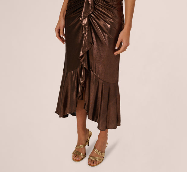 Aidan Mattox Foil Ruched Ruffle Halter Midi Dress In Cinnamon