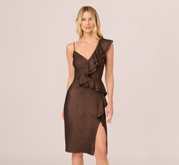 Aidan Mattox Foiled Knit Midi Dress In Black Bronze