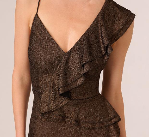 Aidan Mattox Foiled Knit Midi Dress In Black Bronze