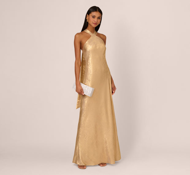 Aidan Mattox Foiled Mermaid Gown With Halter Neckline In Light Gold