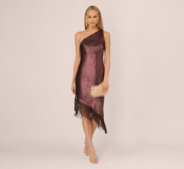 aidan mattox Foiled One Shoulder Asymmetrical Dress With Fringe Hem In Blackened Re