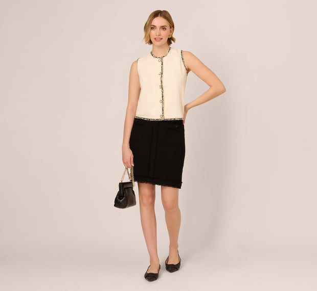 Aidan Mattox Fray Trim Tweed Vest Cardigan In Ivory