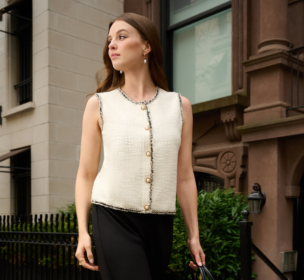 aidan mattox Fray Trim Tweed Vest Cardigan In Ivory aidan mattox Fray Trim Tweed Vest Cardigan In Ivory