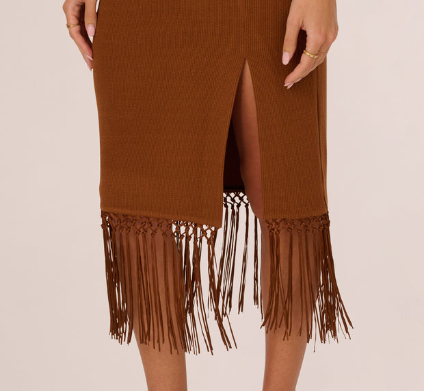 Aidan Mattox Fringe Trim Midi Dress With Keyhole Cutout Bust In Light Brown
