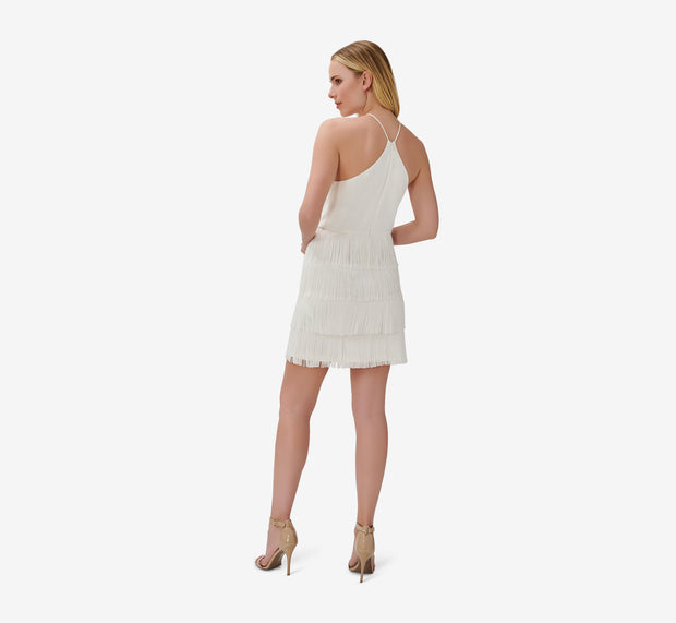 Aidan Mattox Fringe-Trim Short Sheath Cocktail Halter Dress In Ivory
