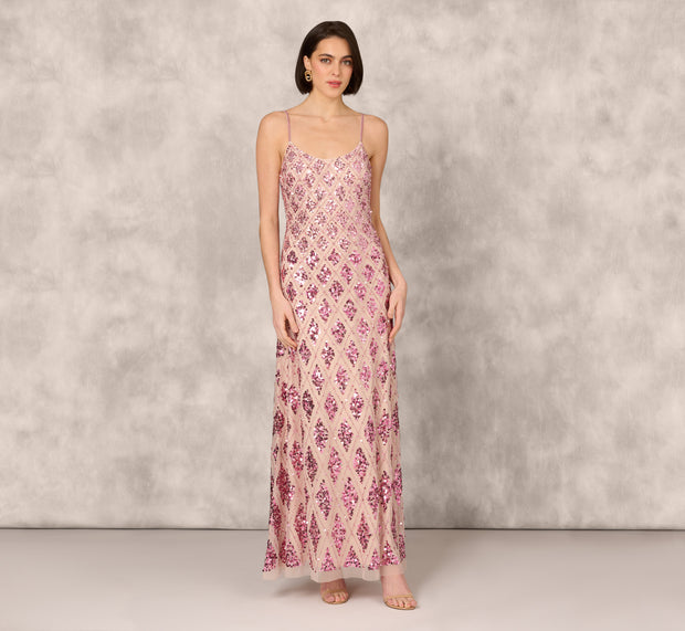 Aidan Mattox Geometric Sequin Beaded Gown With Scoop Neckline In Pink Multi
