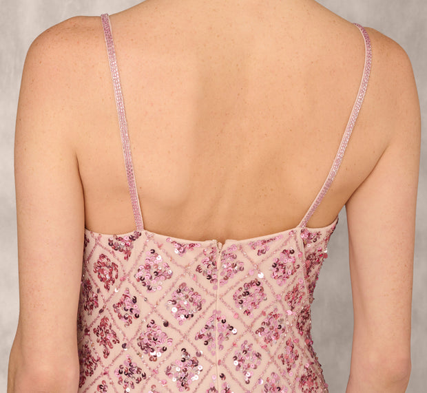 Aidan Mattox Geometric Sequin Beaded Gown With Scoop Neckline In Pink Multi