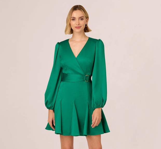 Aidan Mattox Godet Faux Wrap Short Dress In Radiant Emerald