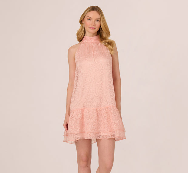 Aidan Mattox Halter Burnout Floral Flounce Trapeze Dress In Blush