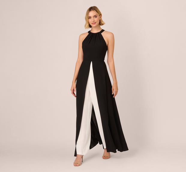 Aidan Mattox Halter Crepe Overlay Jumpsuit In Black Ivory