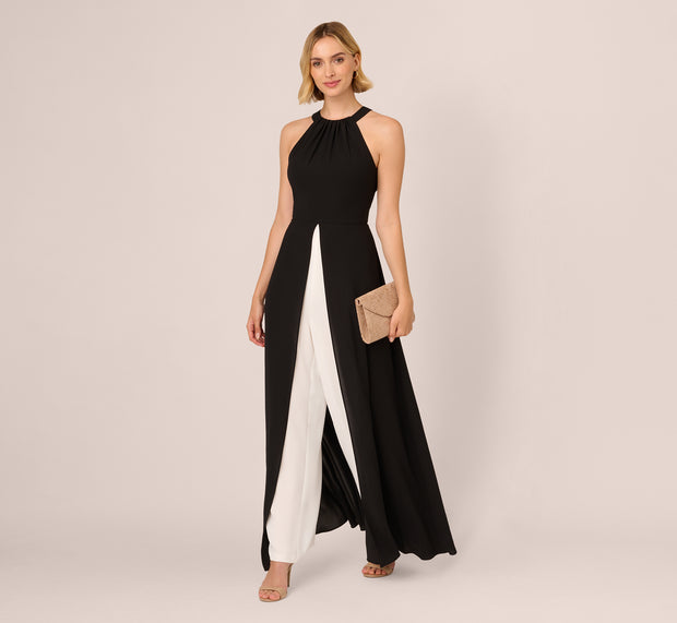 aidan mattox Halter Crepe Overlay Jumpsuit In Black Ivory