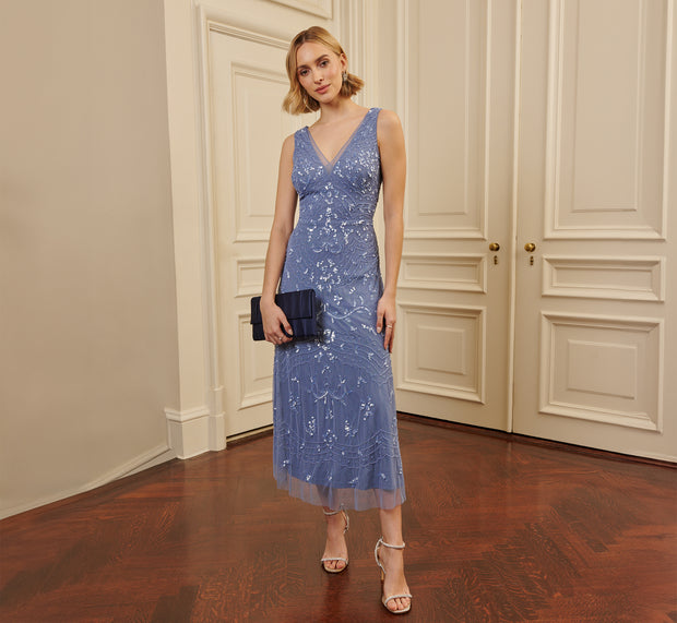 aidan mattox Hand-Beaded Ankle-Length Dress In French Blue