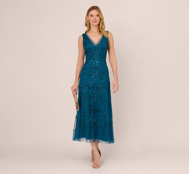 aidan mattox Hand-Beaded Ankle-Length Dress In Teal Sapphire