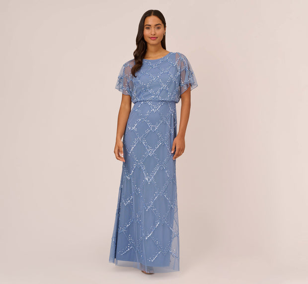 Aidan Mattox Hand-Beaded Blouson Long Gown With Flutter Sleeves In French Blue