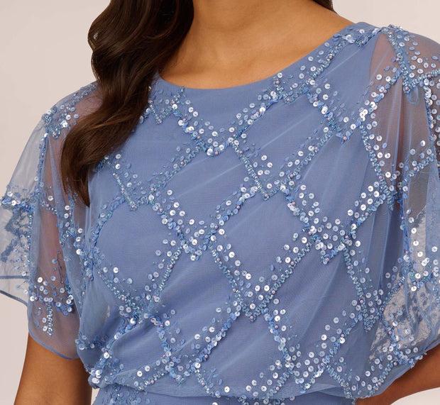 Aidan Mattox Hand-Beaded Blouson Long Gown With Flutter Sleeves In French Blue