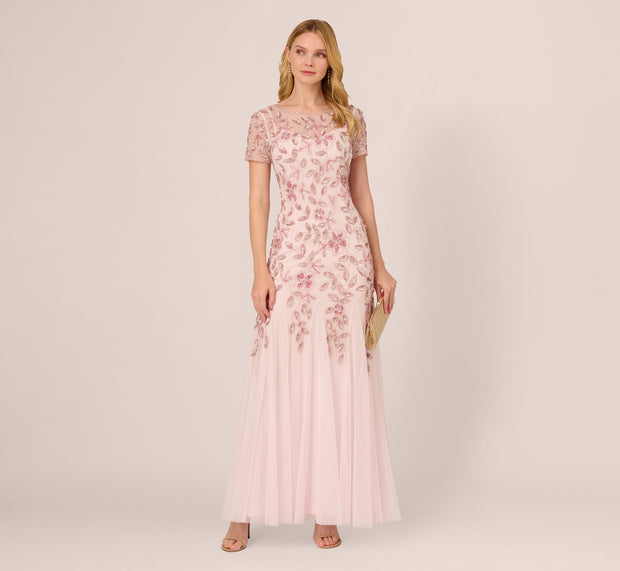 Aidan Mattox Hand Beaded Short Sleeve Floral Godet Gown In Blush Pink