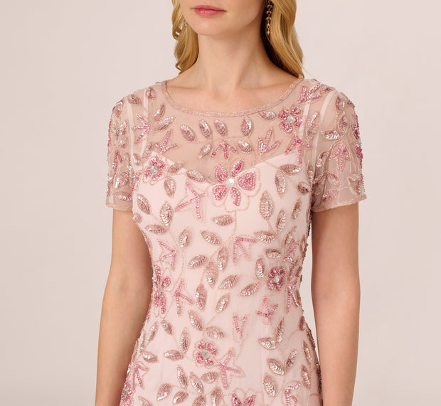 Aidan Mattox Hand Beaded Short Sleeve Floral Godet Gown In Blush Pink