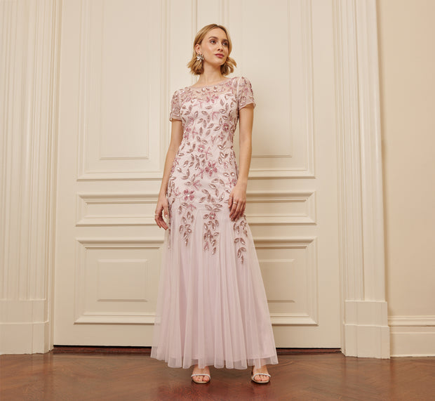 aidan mattox Hand Beaded Short Sleeve Floral Godet Gown In Blush Pink