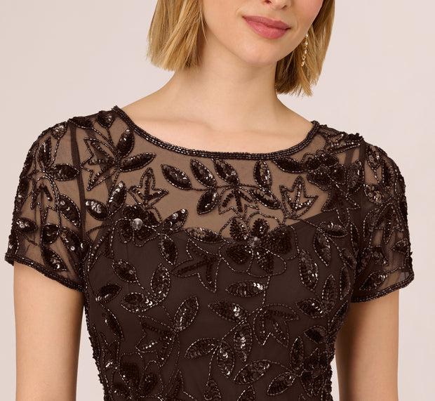 Aidan Mattox Hand Beaded Short Sleeve Floral Godet Gown In Chocolate