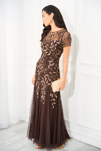 aidan mattox Hand Beaded Short Sleeve Floral Godet Gown In Chocolate