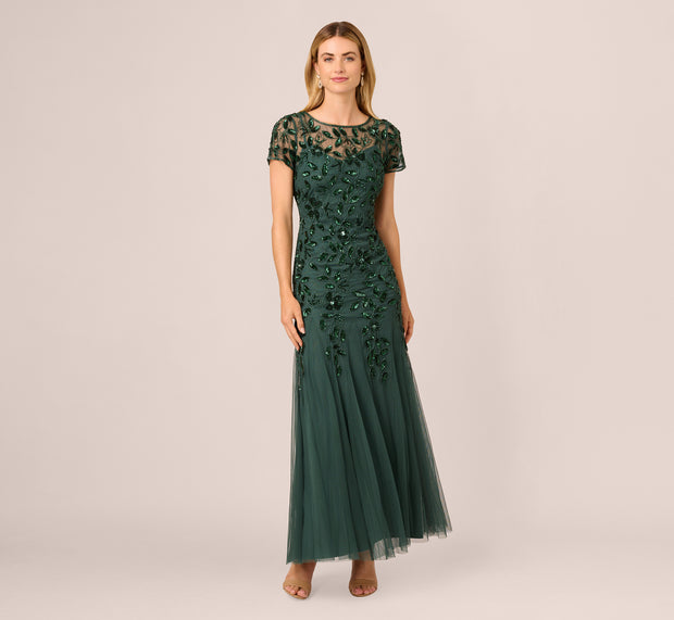 Aidan Mattox Hand Beaded Short Sleeve Floral Godet Gown In Dusty Emerald