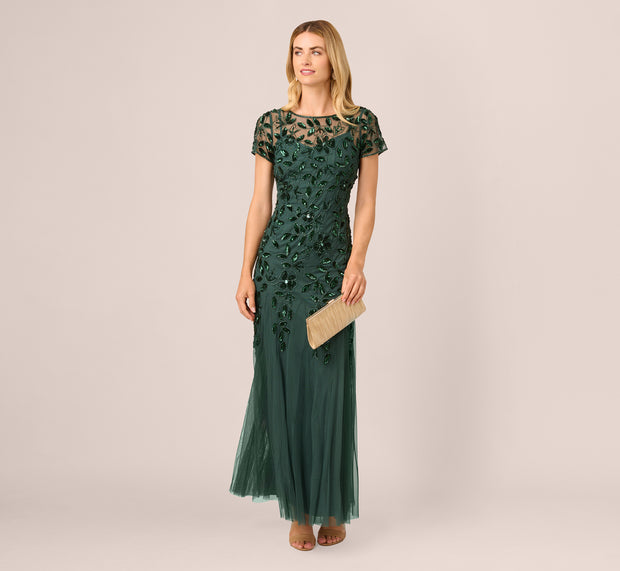 aidan mattox Hand Beaded Short Sleeve Floral Godet Gown In Dusty Emerald