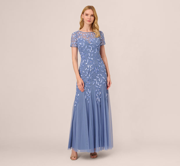 Aidan Mattox Hand Beaded Short Sleeve Floral Godet Gown In French Blue