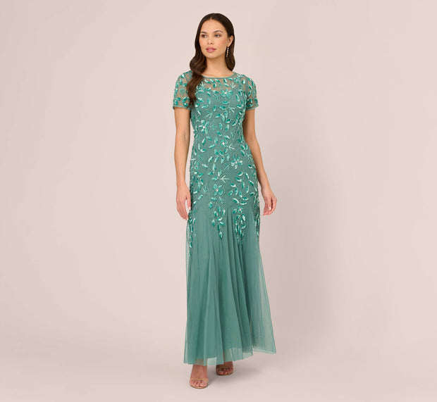 Aidan Mattox Hand Beaded Short Sleeve Floral Godet Gown In Green Slate