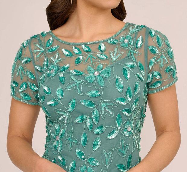 Aidan Mattox Hand Beaded Short Sleeve Floral Godet Gown In Green Slate