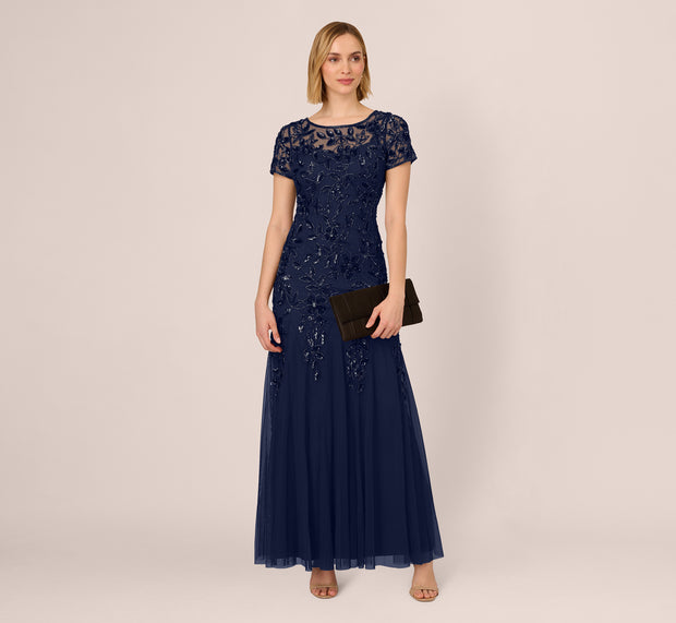 aidan mattox Hand Beaded Short Sleeve Floral Godet Gown In Light Navy