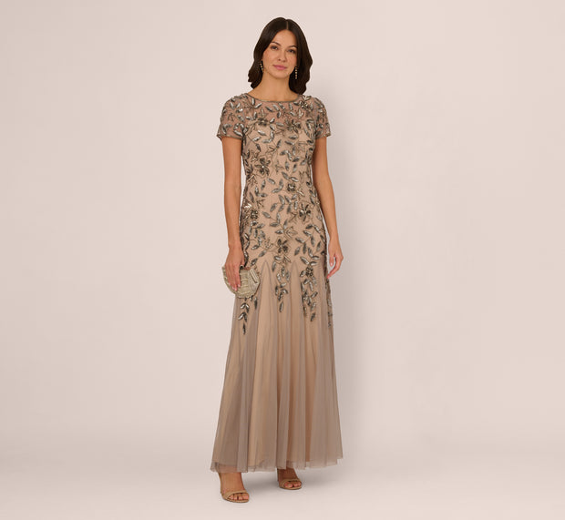 aidan mattox Hand Beaded Short Sleeve Floral Godet Gown In Mercury Nude