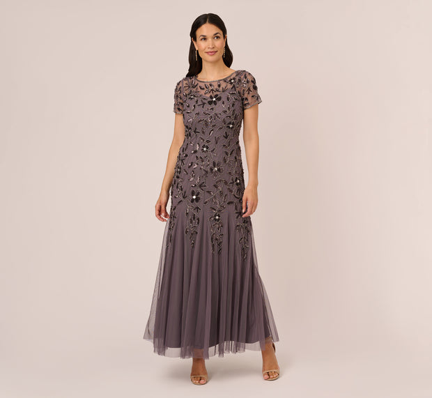 Aidan Mattox Hand Beaded Short Sleeve Floral Godet Gown In Moonscape