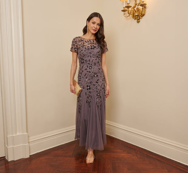 aidan mattox Hand Beaded Short Sleeve Floral Godet Gown In Moonscape